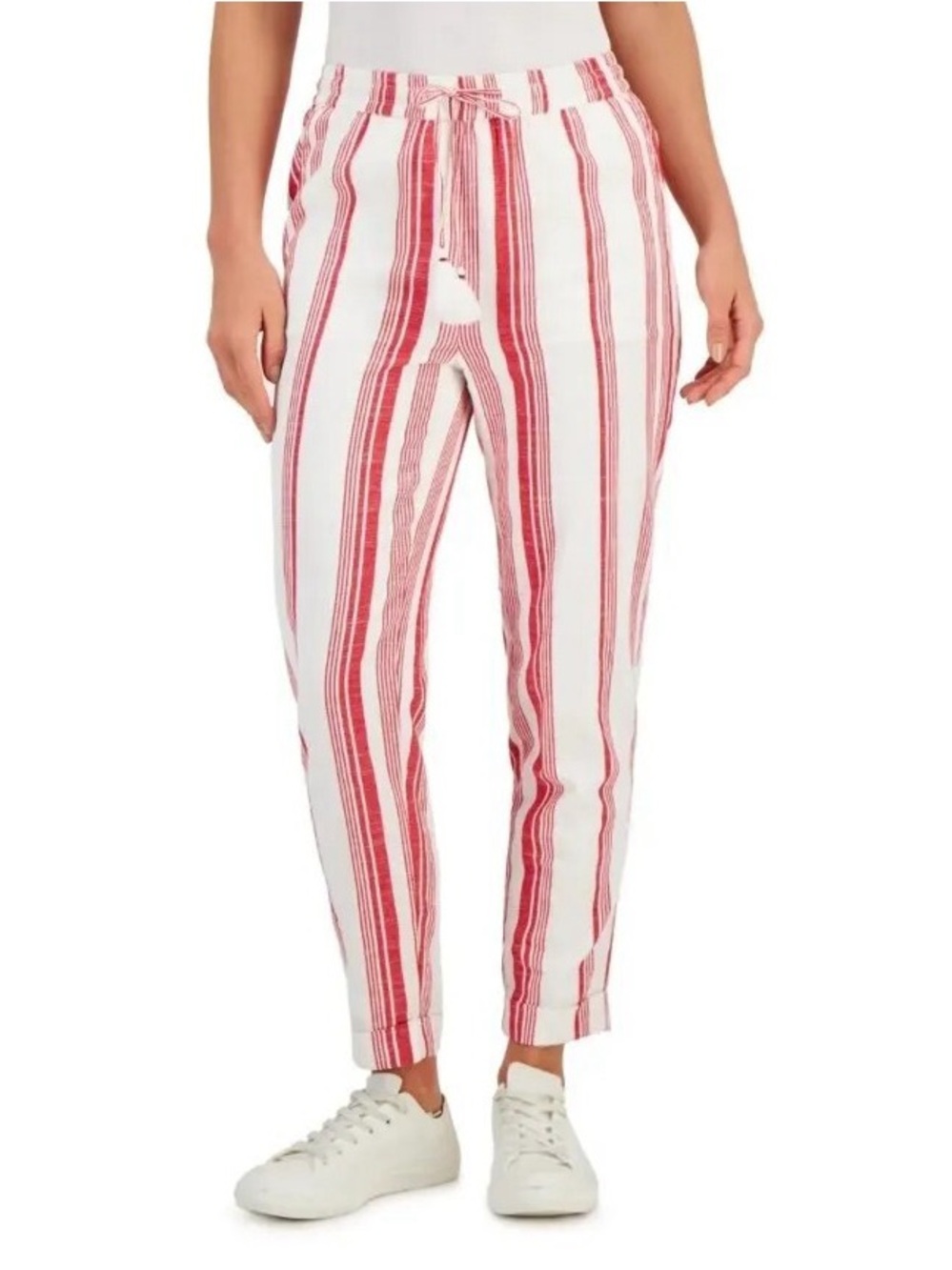 Charter Club Striped Red & White Tassel Tie Cotton Pants L Large Ankle Length